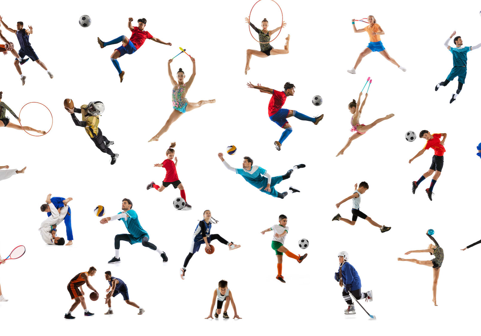 Collage of sportive people, adults and children doing different sports, posing isolated over white background. Concept of action, motion, sport life, motivation, competition. Copy space for ad.